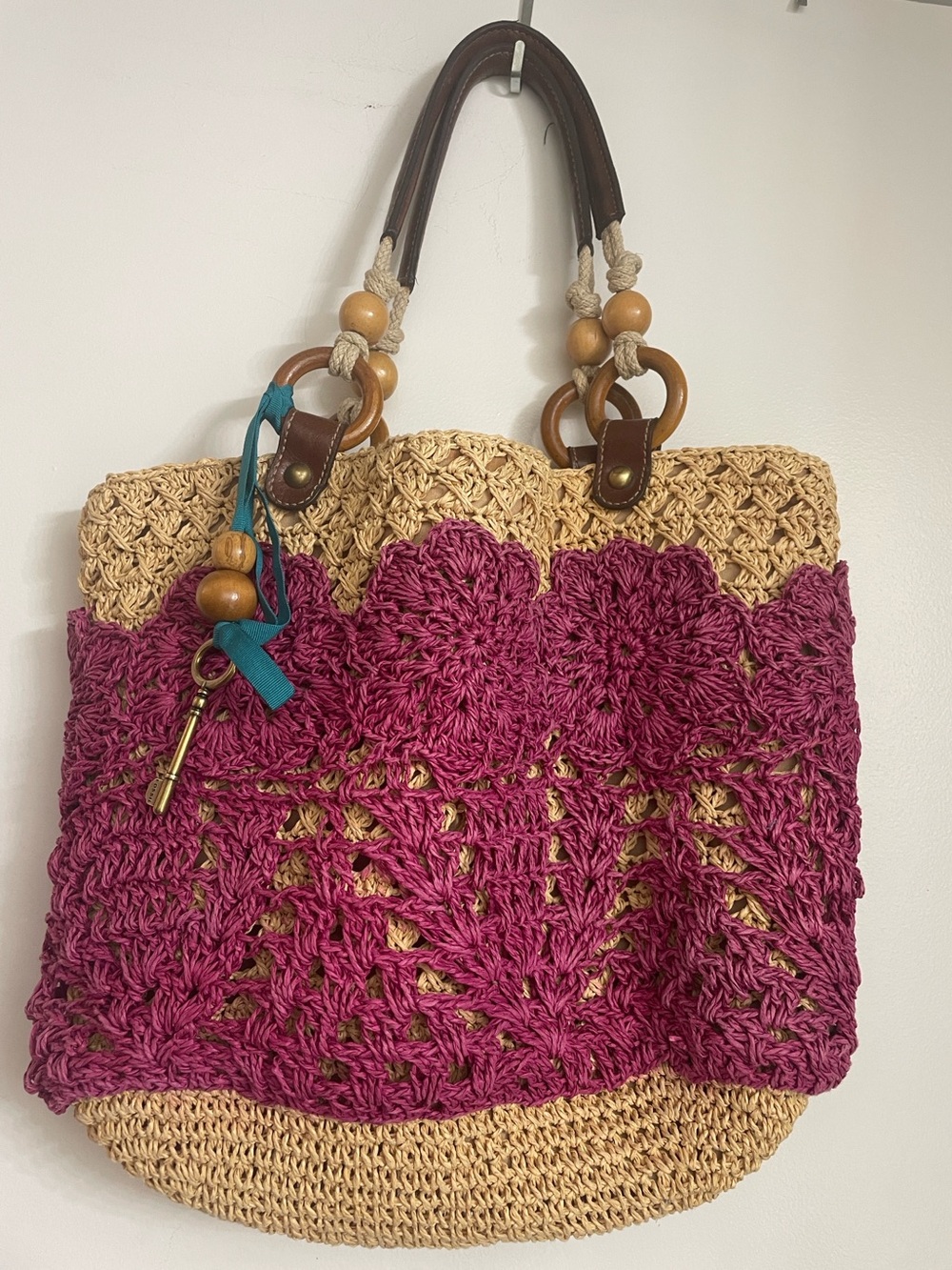 Fossil Pink and Natural Crochet Tote with Wooden Accents